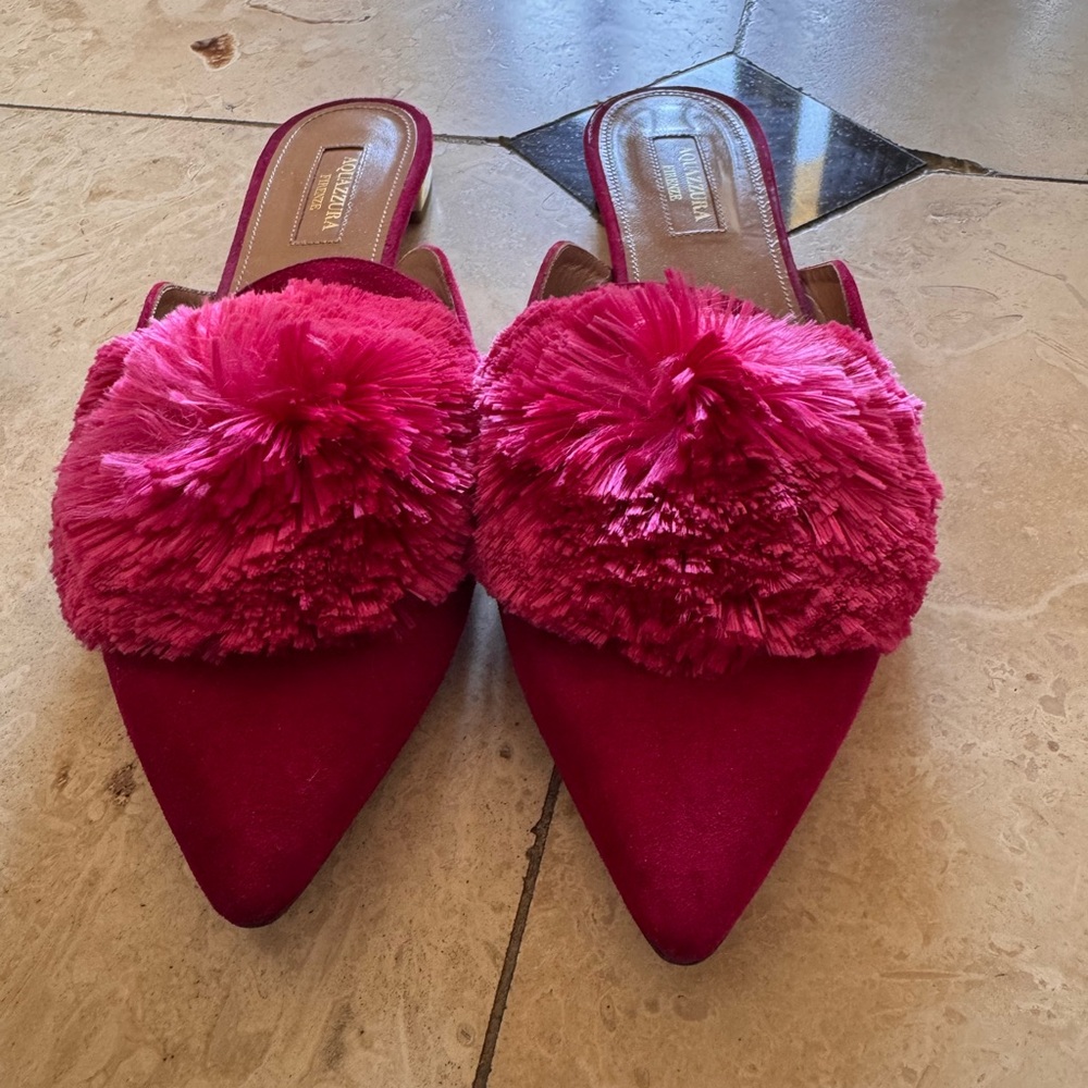 Aquazzura Hot Pink Pom-Pom Pointed Toe Flats - Picture 2 of 4